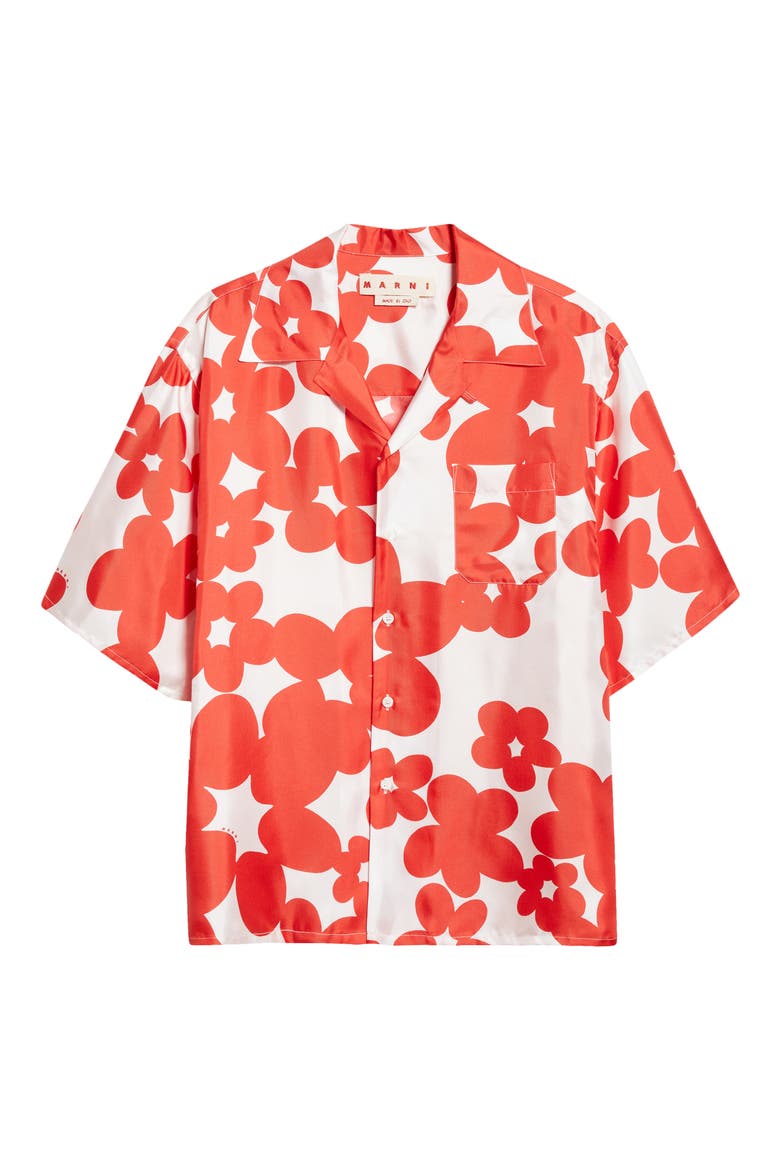 Dillies Print Silk Bowling Shirt, Alternate, color, CRIMSON