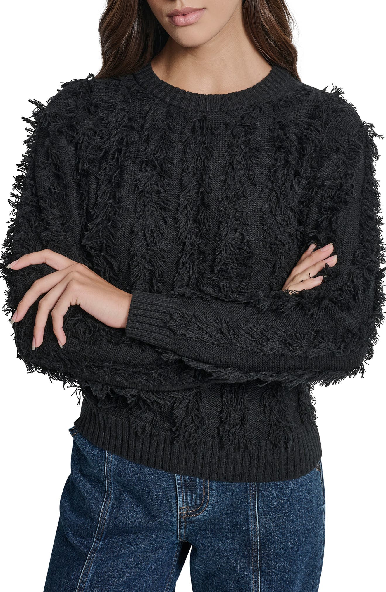 Fringed Cotton Blend Sweater