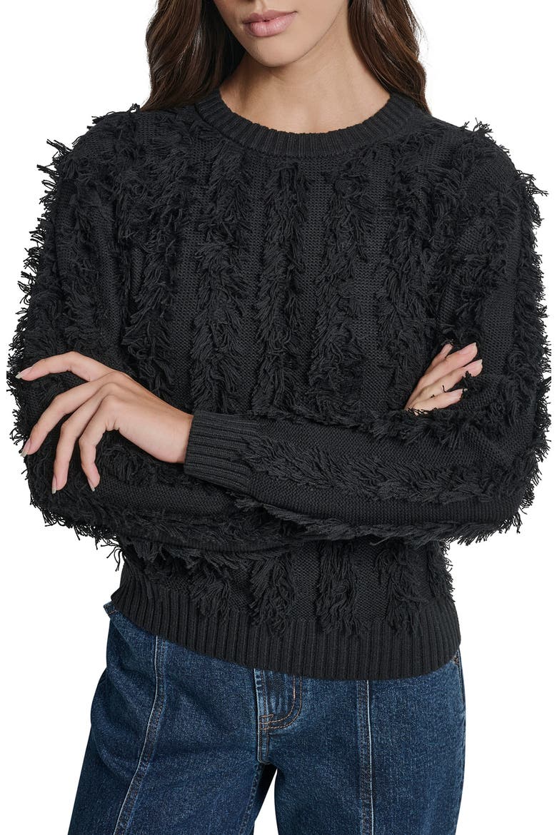 Fringed Cotton Blend Sweater, Main, color, BLACK