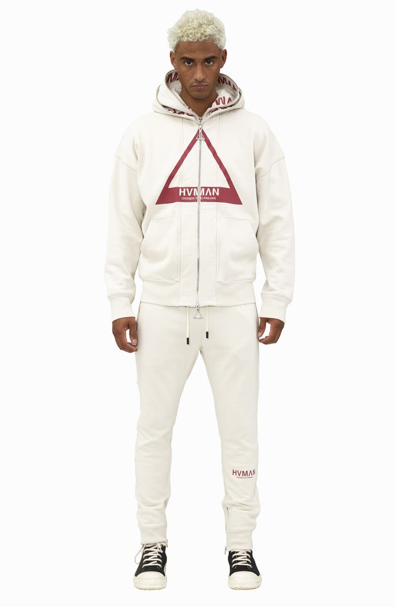 HVMAN Double Hood Triangle Logo Zip Hoodie, Alternate, color, Cream