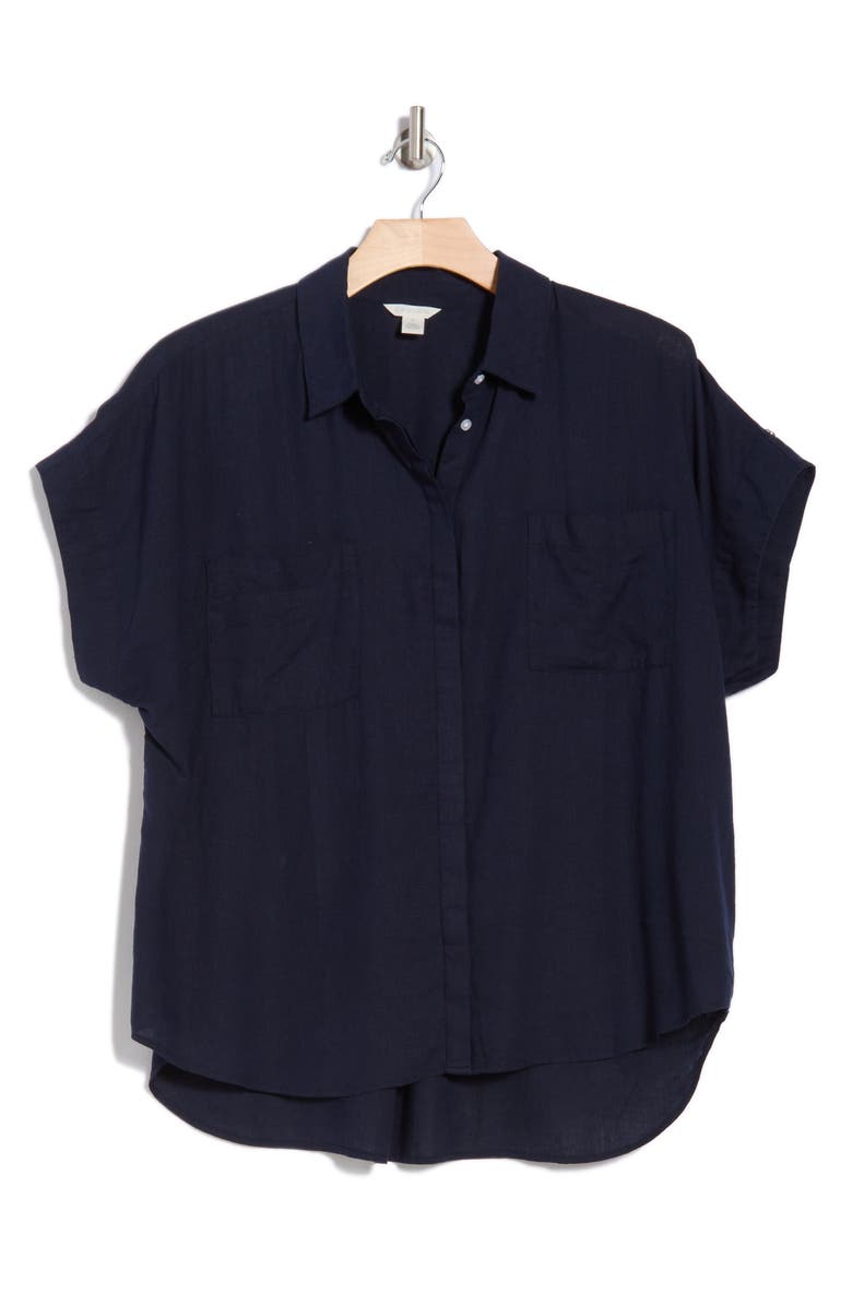 Caslon<sup>®</sup> Double Pocket Linen Blend Camp Shirt, Alternate, color, Navy Still