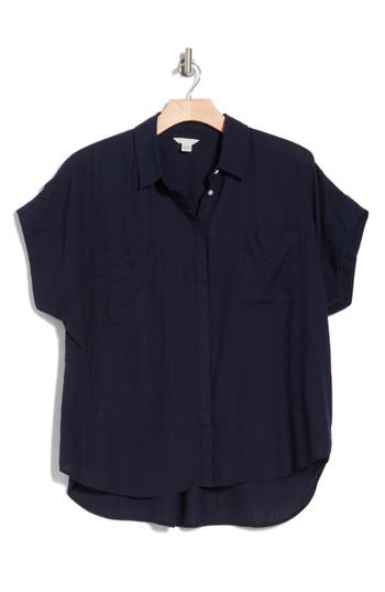 CASLON CASLON® DOUBLE POCKET LINEN BLEND CAMP SHIRT