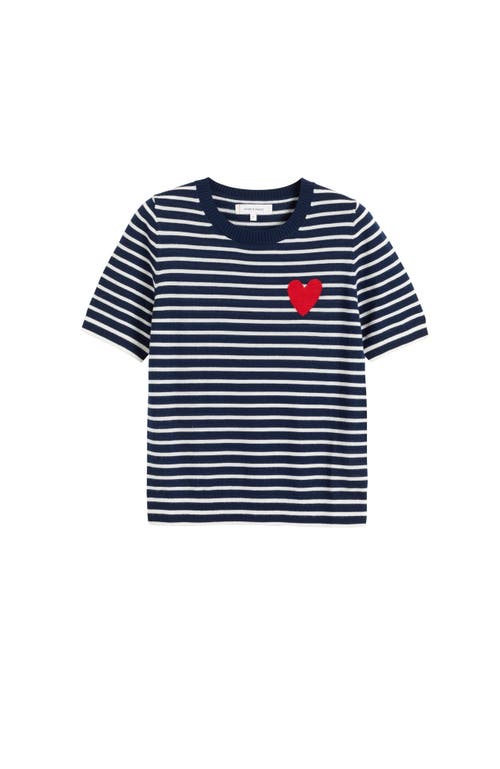 Chinti & Parker Pure Merino Heart Breton Short Sleeve Sweater In Navy/cream/true Red