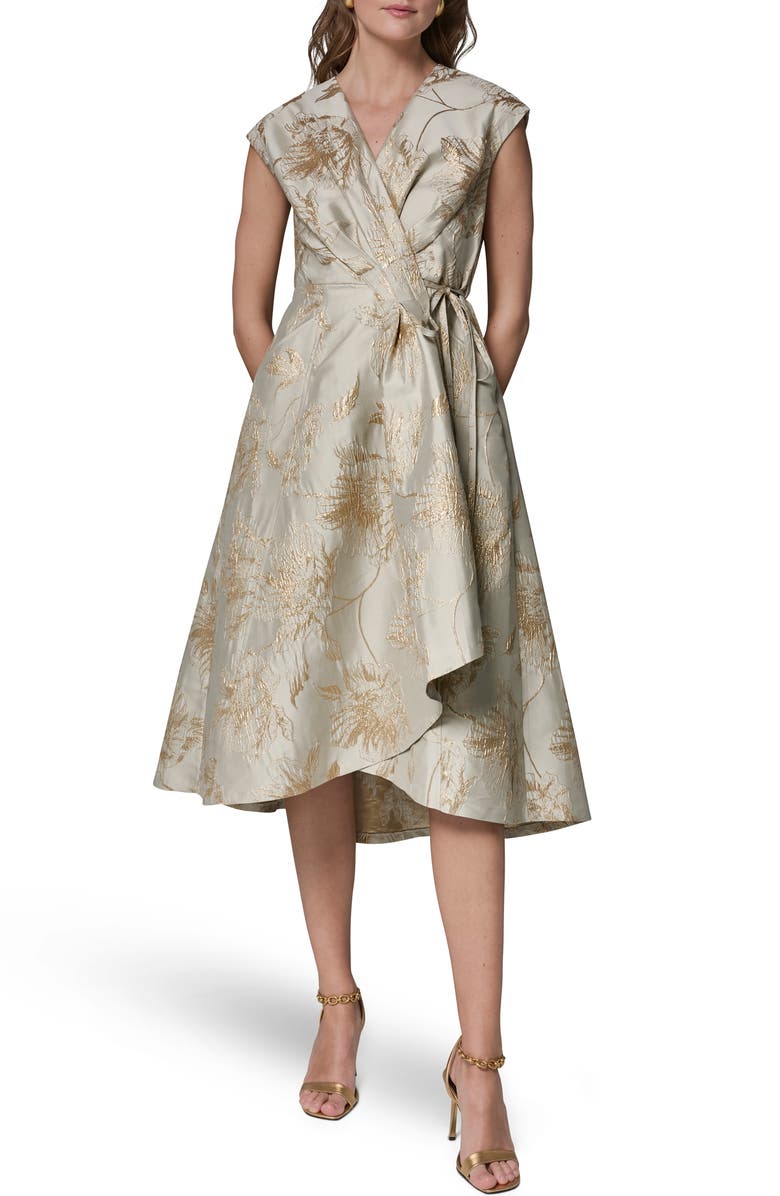 Donna Karan New York Metallic Jacquard Midi Wrap Dress, Main, color, Turin/ Tuscan Grey