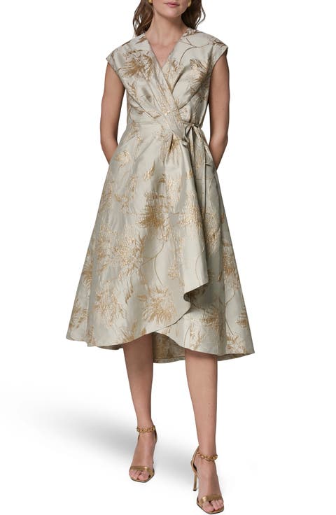 Metallic Jacquard Midi Wrap Dress