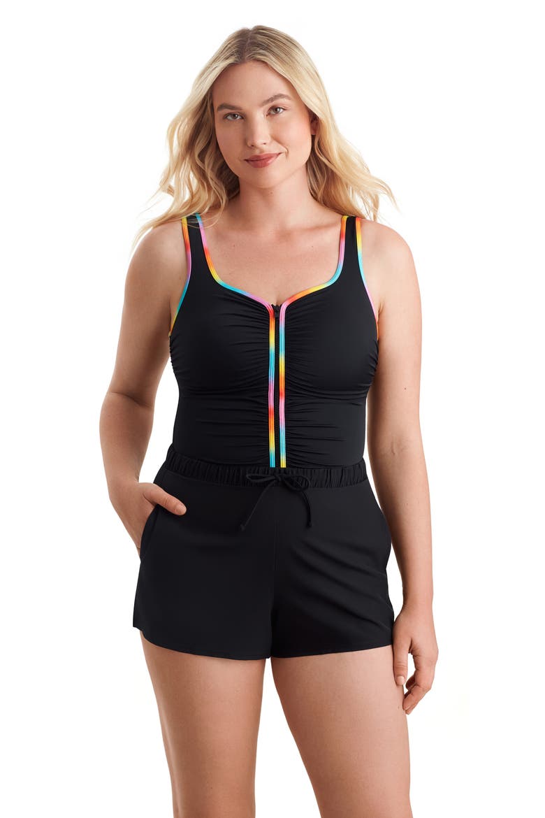 Shirred Zipper Runaround Chlorine Resistant One-Piece Swimsuit, Main, color, Ombre Sorbet