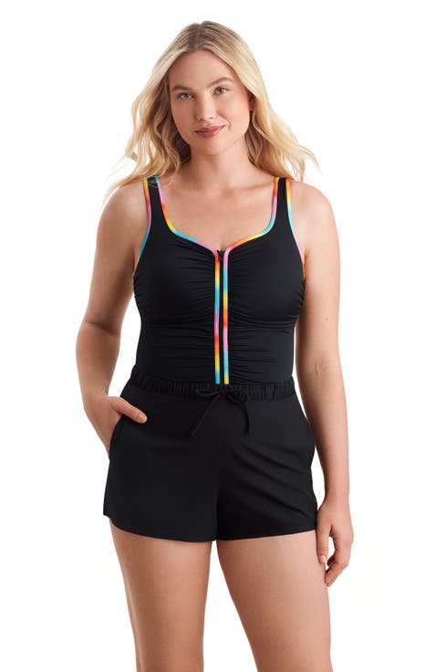 Shirred Zipper Runaround Chlorine Resistant One-Piece Swimsuit