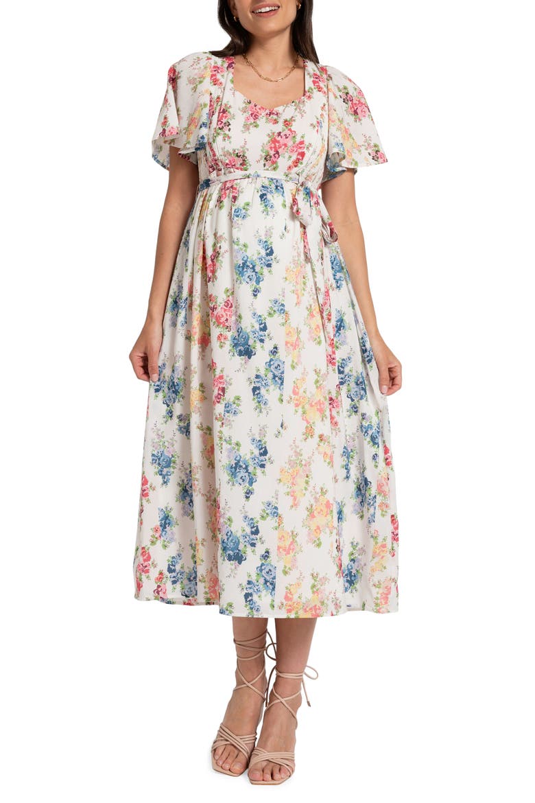 Floral Flutter Sleeve Maternity/Nursing Midi Dress, Main, color, FLORAL