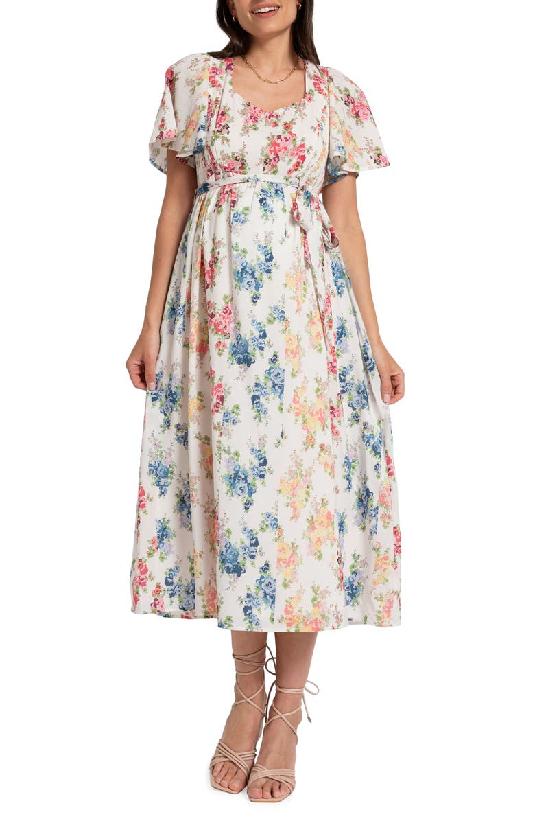 Seraphine Floral Flutter Sleeve Maternity/Nursing Midi Dress, Main, color, 