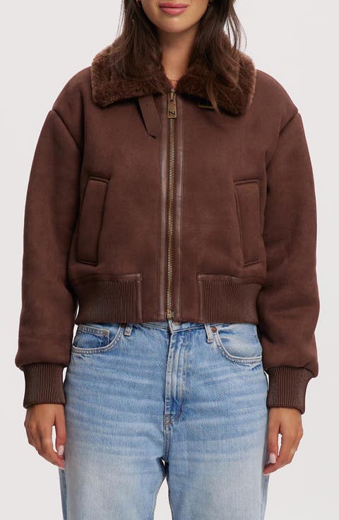 Fannie Faux Fur Collar Faux Suede & Faux Leather Crop Bomber Jacket