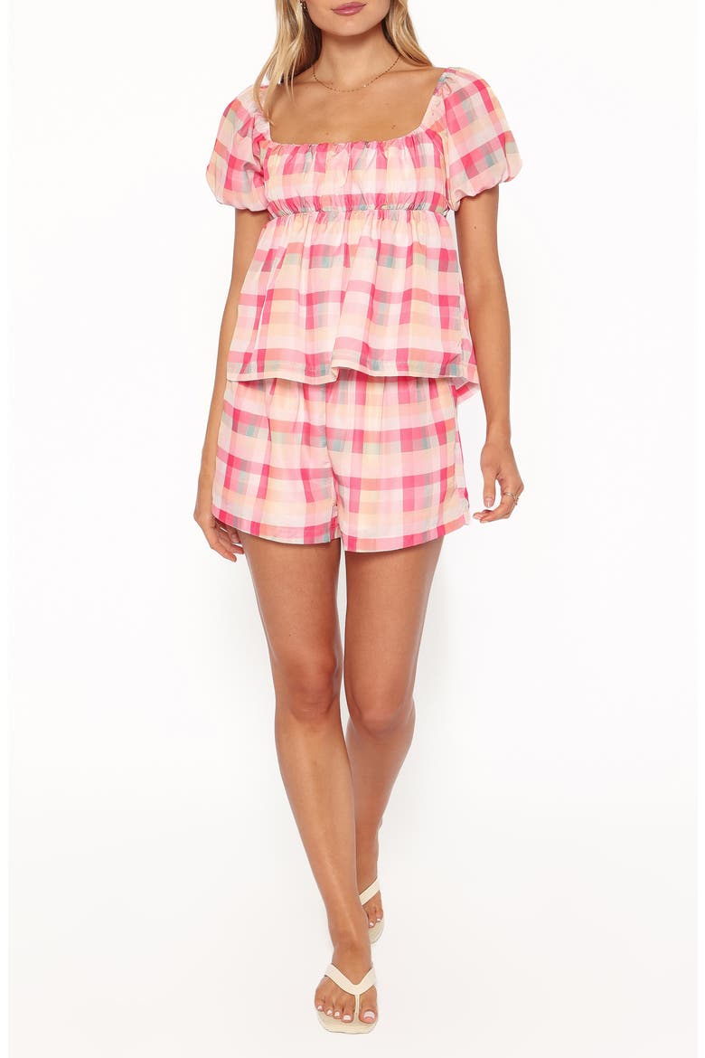Julia Puff Sleeve Top & Shorts Set, Main, color, PINK PICNIC PLAID