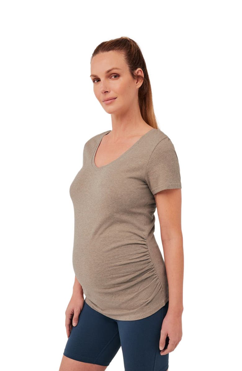 Pact Organic Maternity Ruched V-Neck Tee, Alternate, color, Stucco Heather