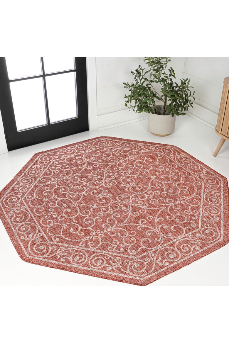 Charleston Vintage Filigree Textured Weave Octagon Indoor/Outdoor Area Rug, Alternate, color, Red/Beige