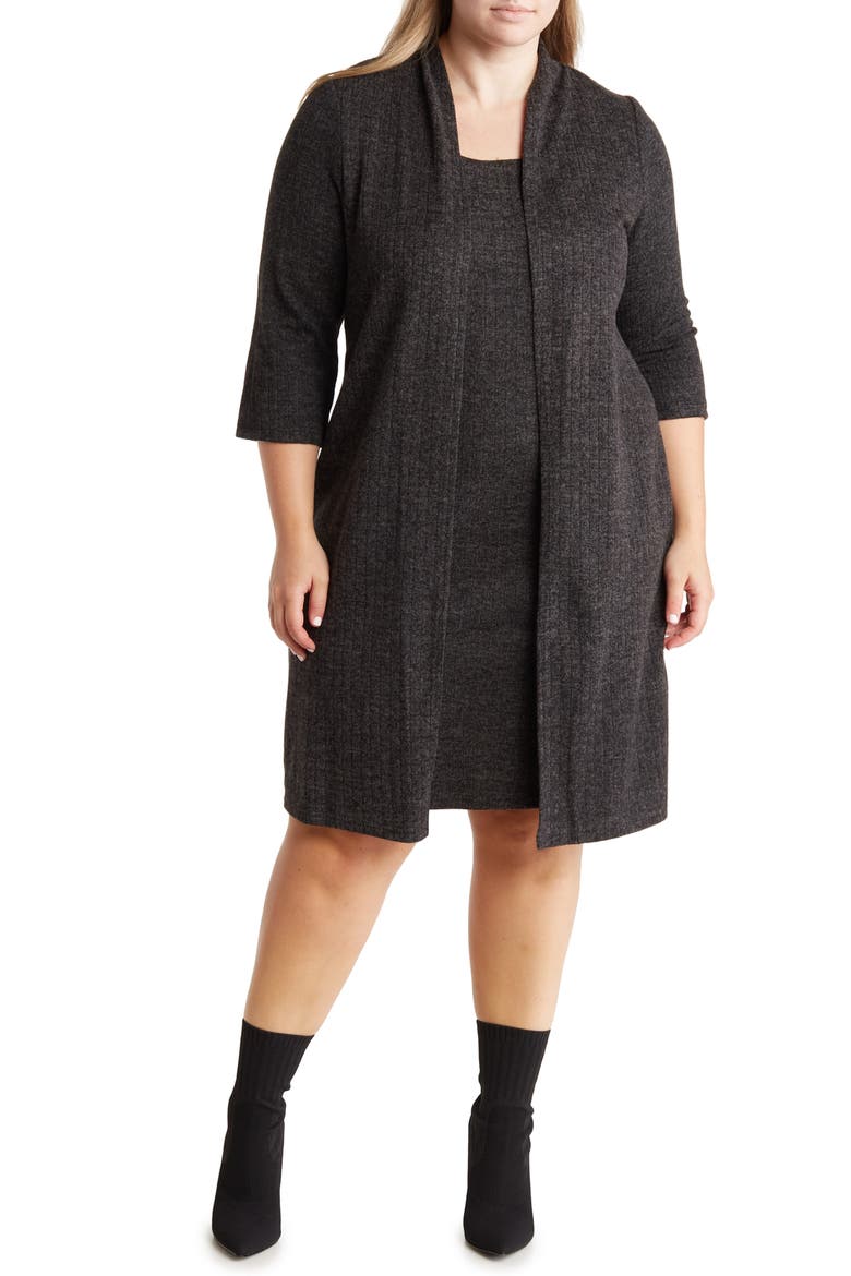 Rib Knit Jacket Midi Dress, Main, color, BLACK