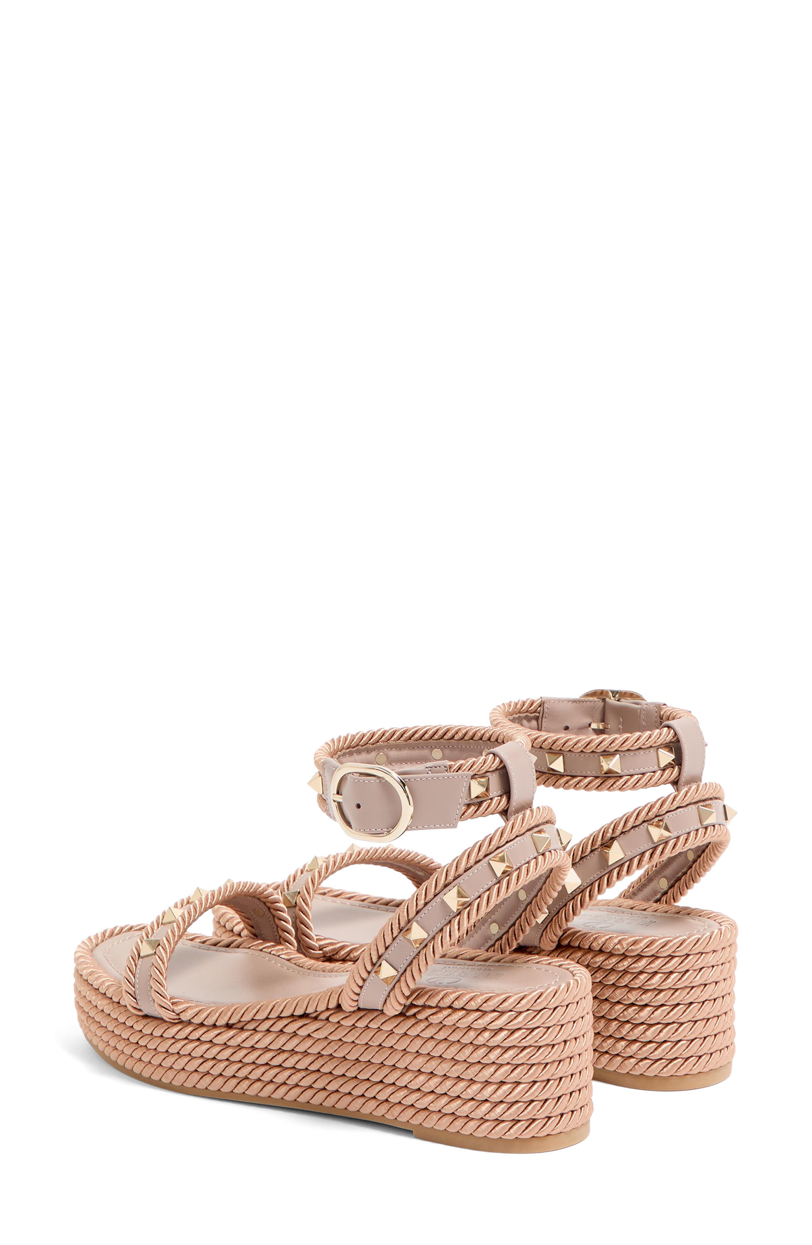 Valentino Garavani Rockstud Espadrille Wedge Sandal, Alternate, color, Poudre