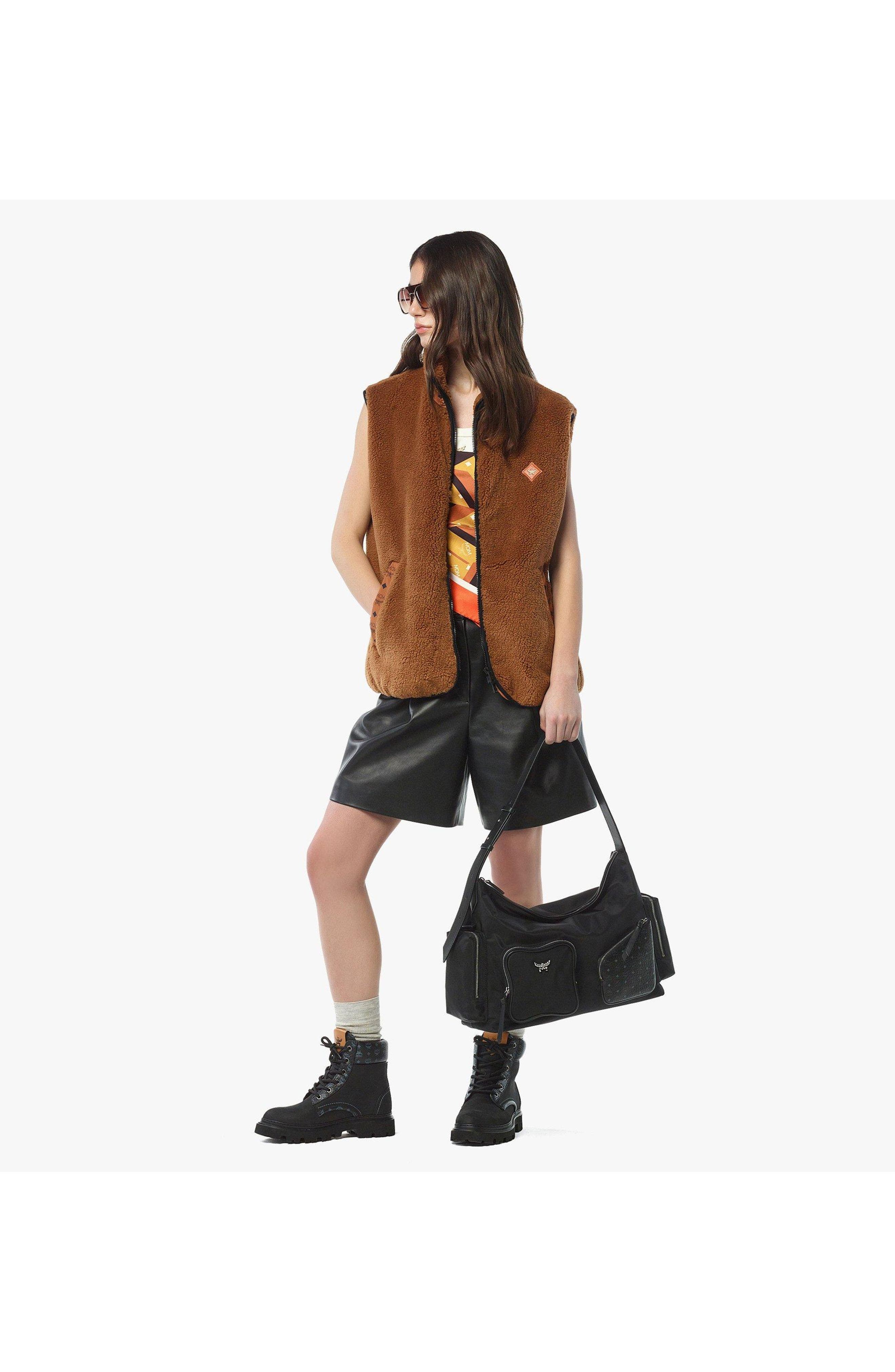 MCM Aren Zip Hobo in ECONYLÂ<sup>®</sup> and Monogram Print Leather, Alternate, color, Black