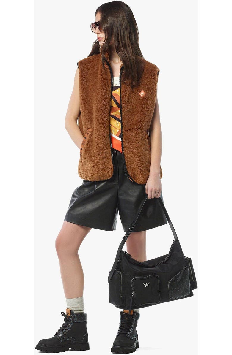 MCM Aren Zip Hobo in ECONYLÂ<sup>®</sup> and Monogram Print Leather, Alternate, color, Black