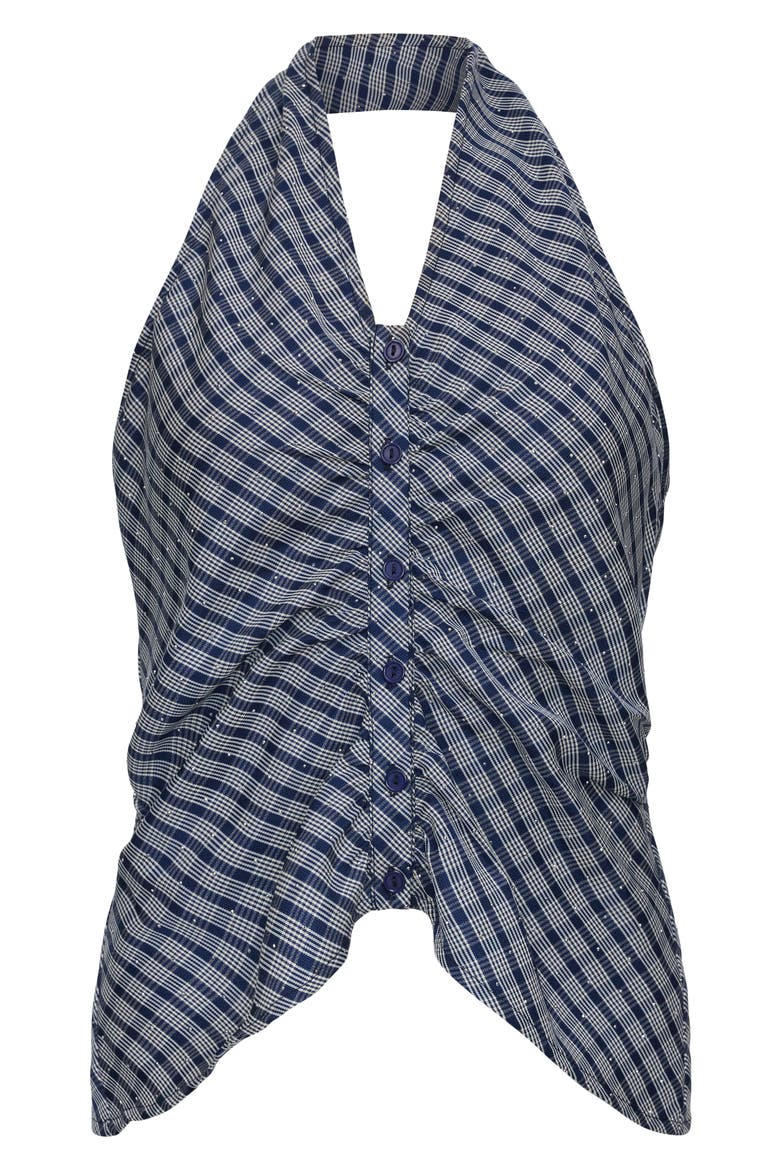 Power Hour Rhinestone Detail Plaid Halter Top, Alternate, color, NAVY PLAID