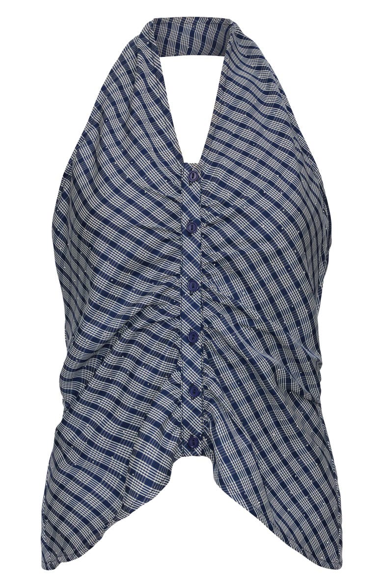 LIONESS Power Hour Rhinestone Detail Plaid Halter Top, Alternate, color, Navy Plaid