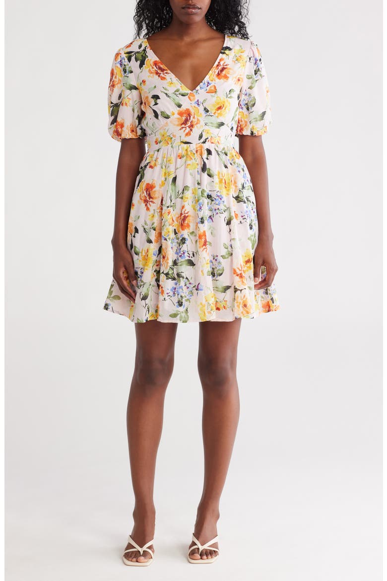 Floral Short Sleeve Cotton Fit & Flare Dress, Main, color, BLUSH/ ORANGE