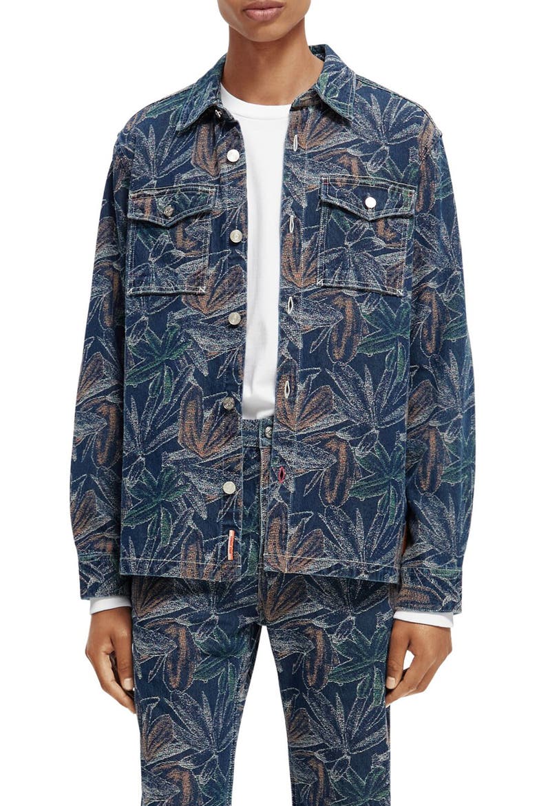 Floral Jacquard Cotton Denim Overshirt, Main, color, INDIGO JACQUARD