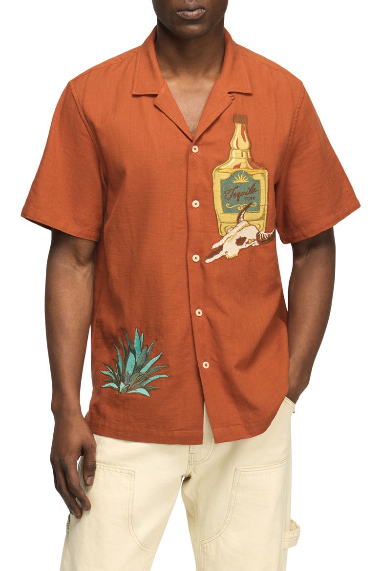 Tequila & Cow Skull Embroidered Slub Cotton Camp Shirt, Main, color, GINGER BREAD