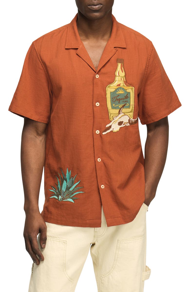 Lucky Brand Tequila & Cow Skull Embroidered Slub Cotton Camp Shirt, Main, color, Ginger Bread