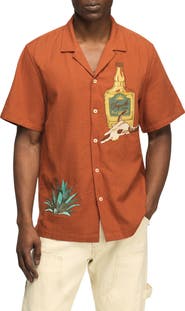 Lucky Brand Tequila & Cow Skull Embroidered Slub Cotton Camp Shirt