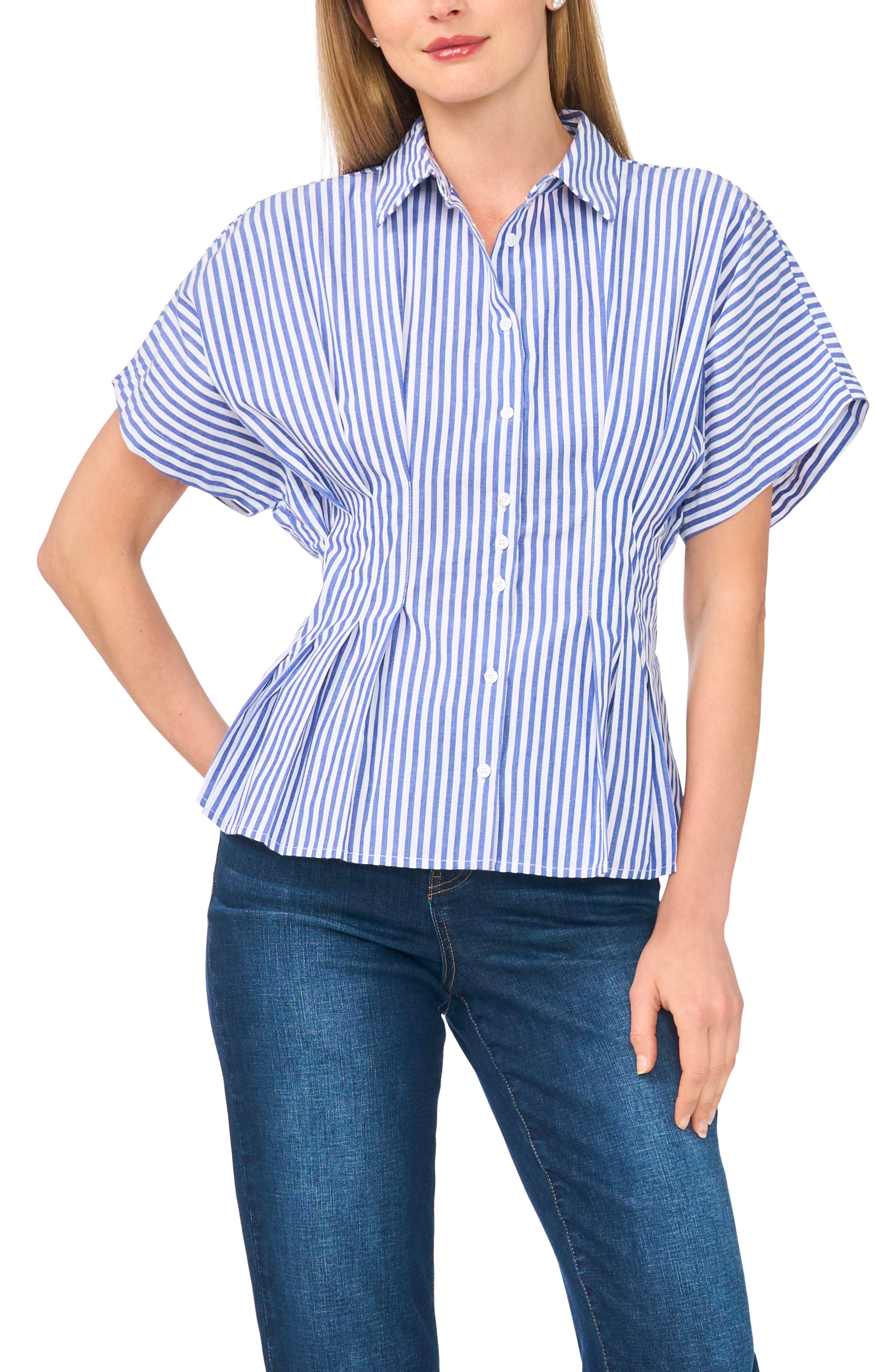 Stripe Short Sleeve Pleated Button-Up Shirt