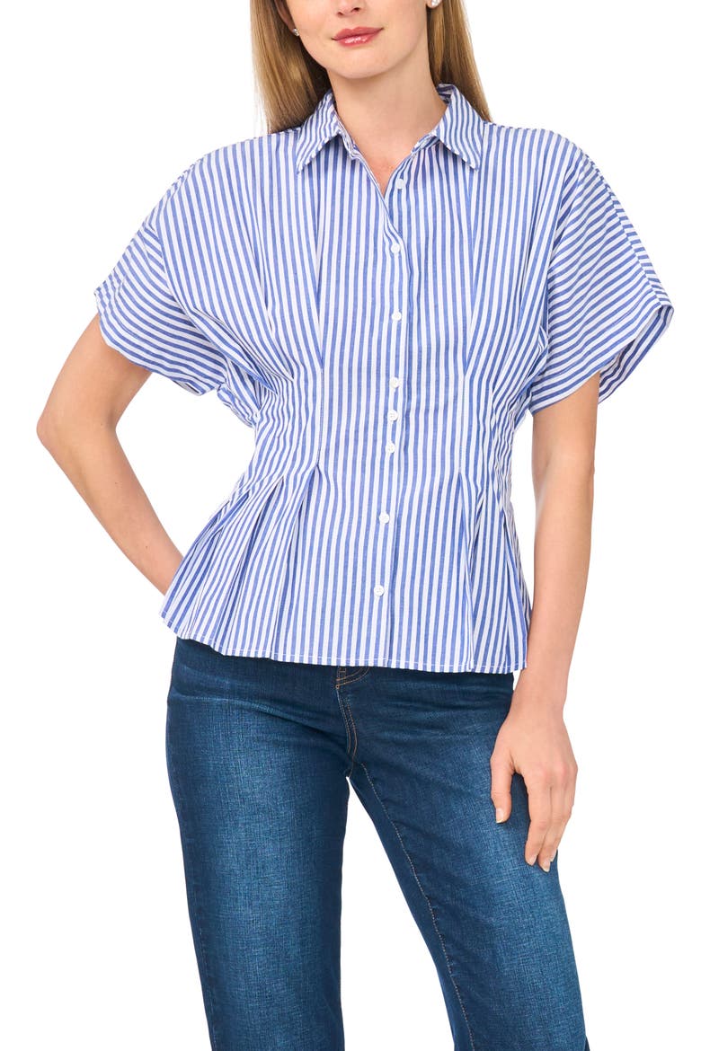 Stripe Short Sleeve Pleated Button-Up Shirt, Main, color, BLUE MULTI