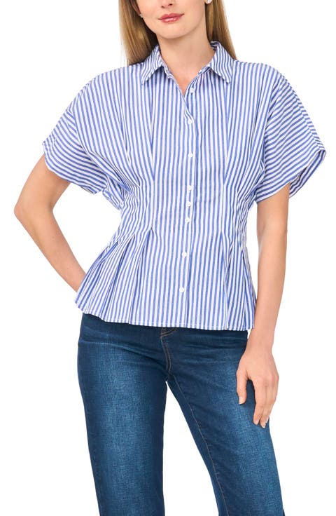 Stripe Short Sleeve Pleated Button-Up Shirt