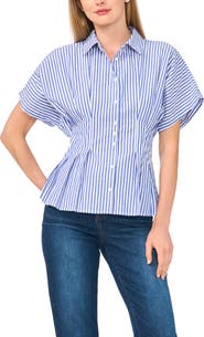 Halogen® Stripe Short Sleeve Pleated Button-Up Shirt