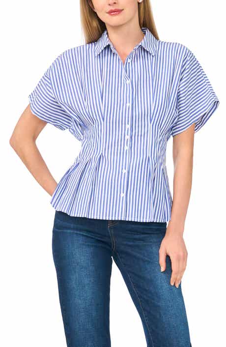 Stripe Short Sleeve Pleated Button-Up Shirt