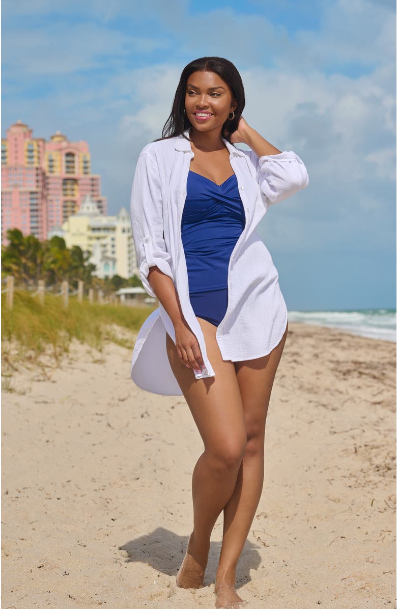 Trimshaper Button-Down High-Low Beach Shirt Coverup, Alternate, color, White