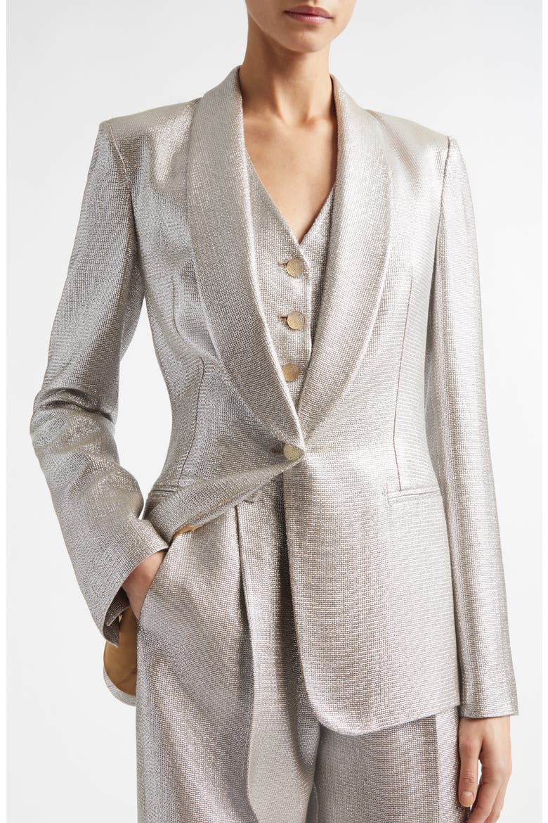 Shawl Collar Lamé Suiting Jacket, Alternate, color, ANTIQUE SILVER