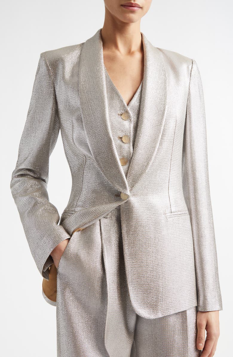 ST. JOHN Shawl Collar Lamé Suiting Jacket, Alternate, color, Antique Silver