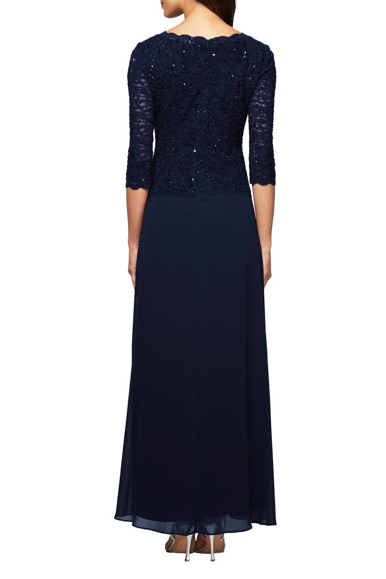 Sequin Lace & Chiffon Gown, Alternate, color, NAVY