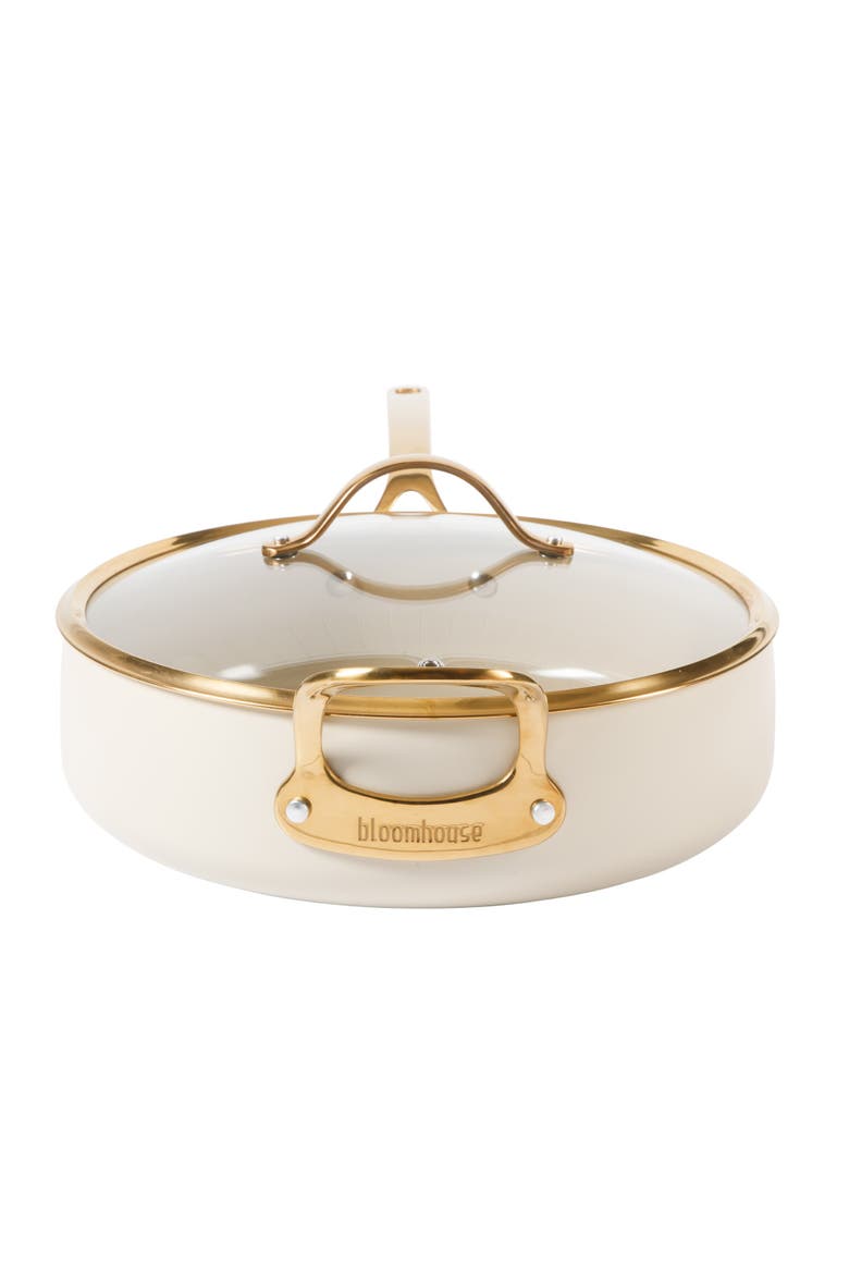 6 QT Heavy Duty Aluminum Premium PFA Free Ceramic Nonstick Sauté/Deep Frying Pan Skillet with Lid, Alternate, color, Linen White with Gold Handle