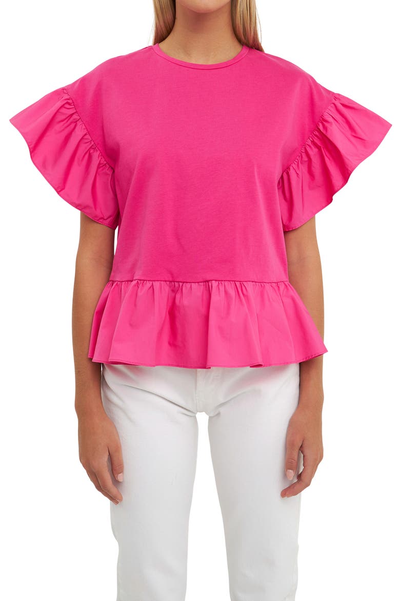 Mixed Media Flutter Sleeve Peplum Cotton Top, Main, color, FUCHSIA
