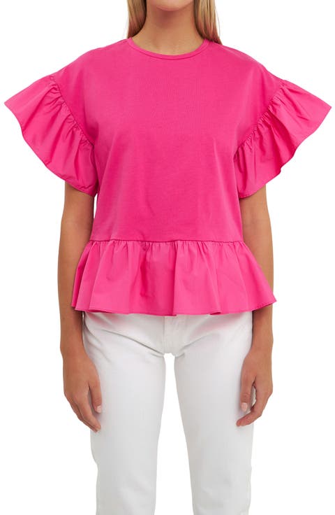 Mixed Media Flutter Sleeve Peplum Cotton Top