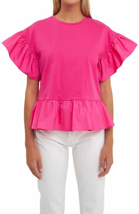 English Factory Mixed Media Flutter Sleeve Peplum Cotton Top