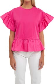 English Factory Mixed Media Flutter Sleeve Peplum Cotton Top