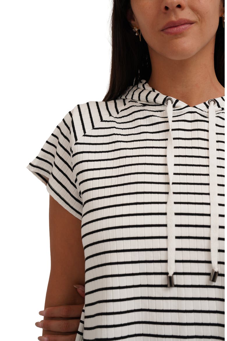 Stripe Rib Short Sleeve Hoodie, Alternate, color, BONE/ BLACK