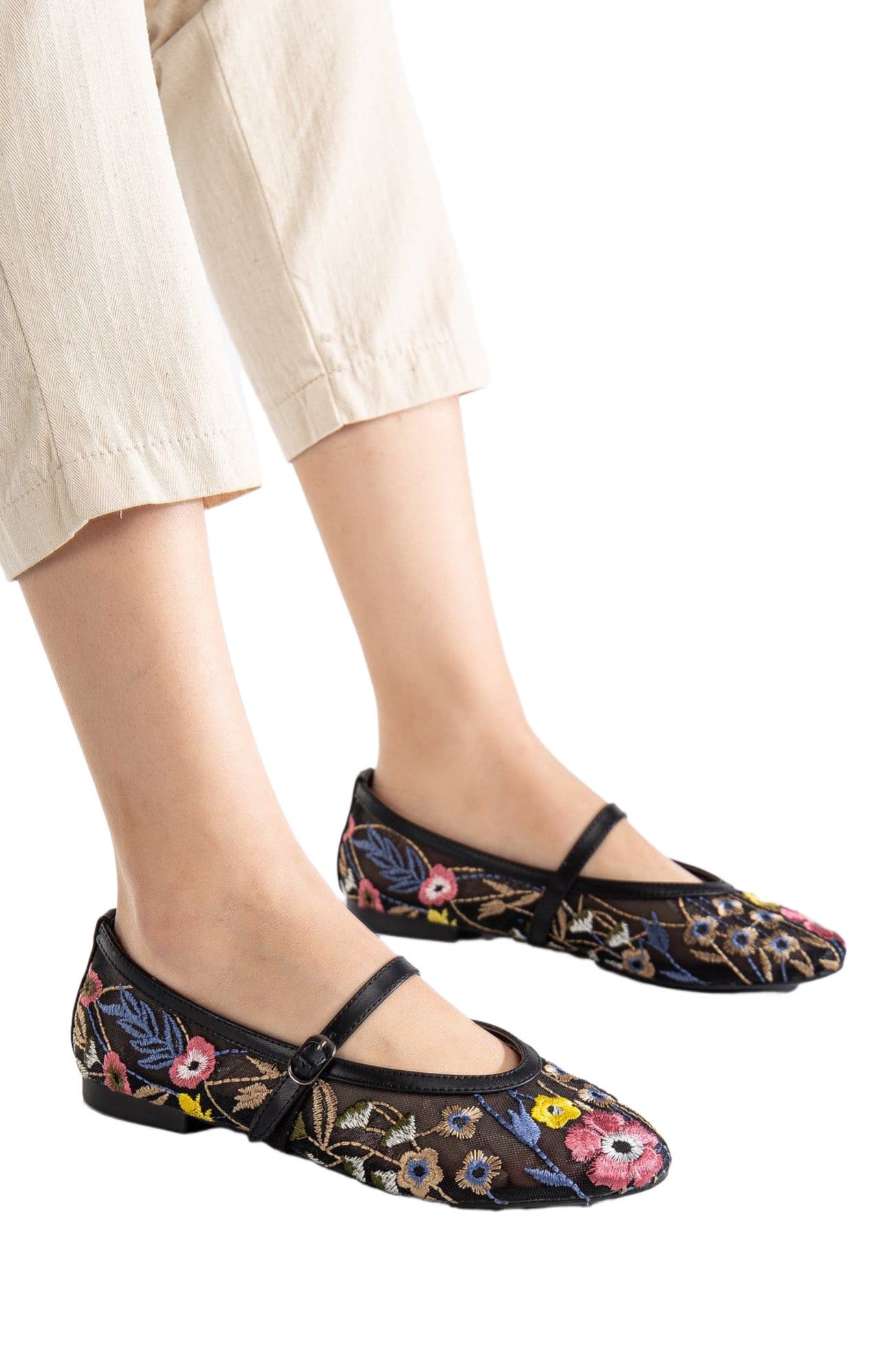 Prologue Shoes Fauna Mesh Mary Jane Flats, Alternate, color, Black Faux Leather