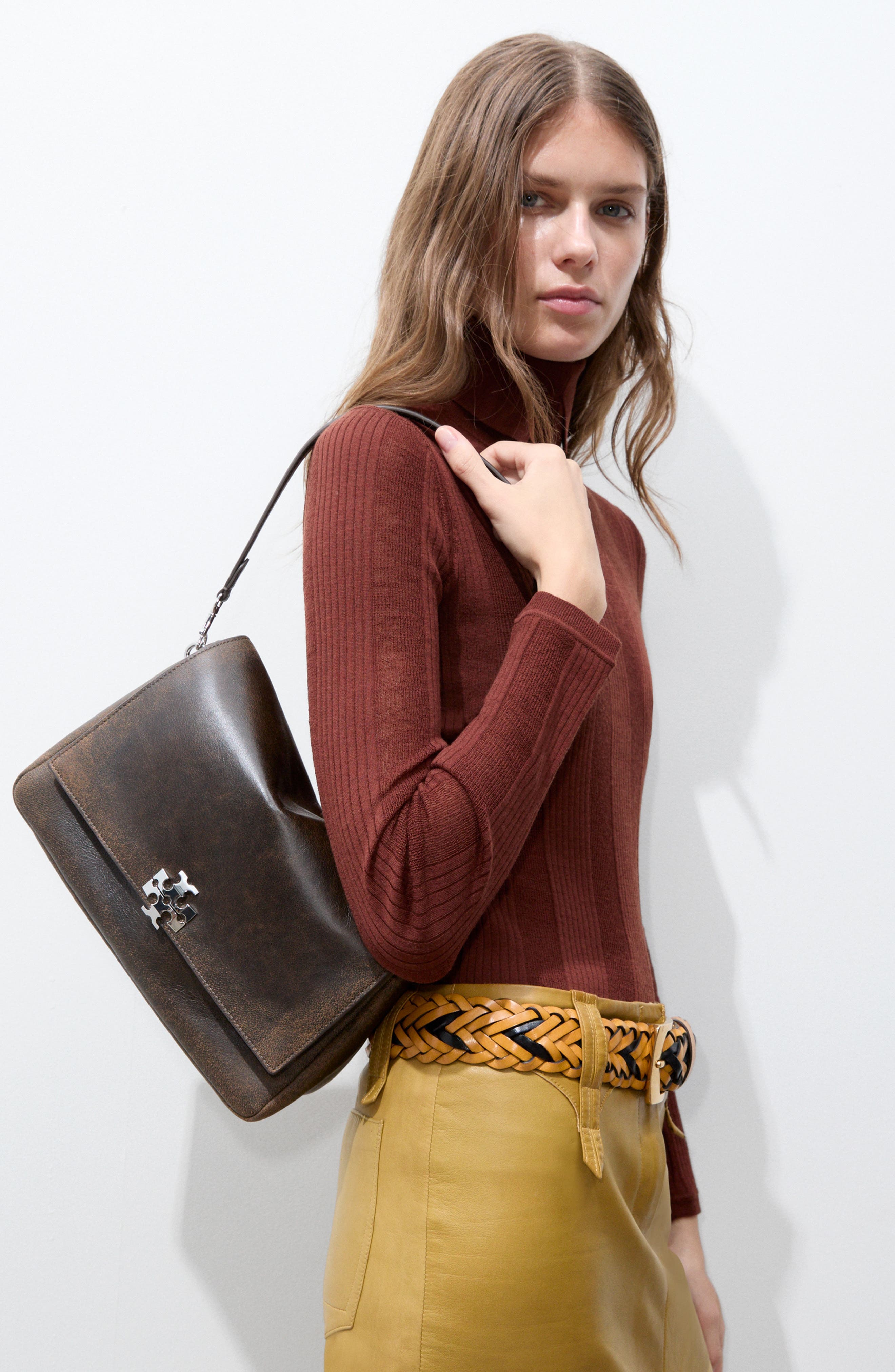 Charlie Distressed Leather Shoulder Bag, Alternate, color, DARK ROAST