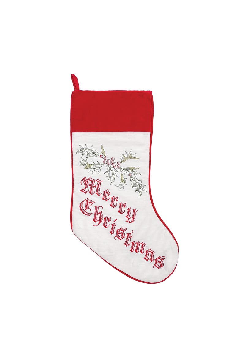 20" Wenham Holly "Merry Christmas" Script Embroidered Hanging Large XMAS Stocking, Main, color, Red