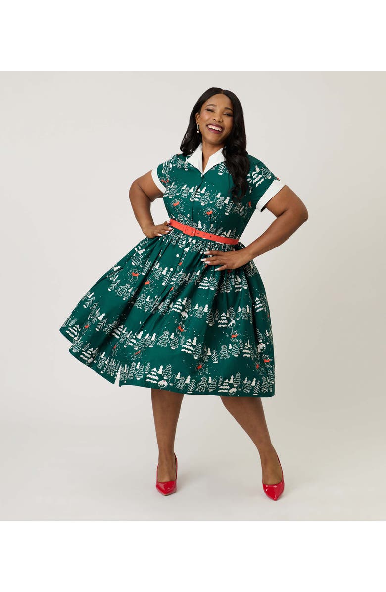 Unique Vintage Plus Size Collared Short Sleeved Belted Alexis Swing Dress, Main, color, Green