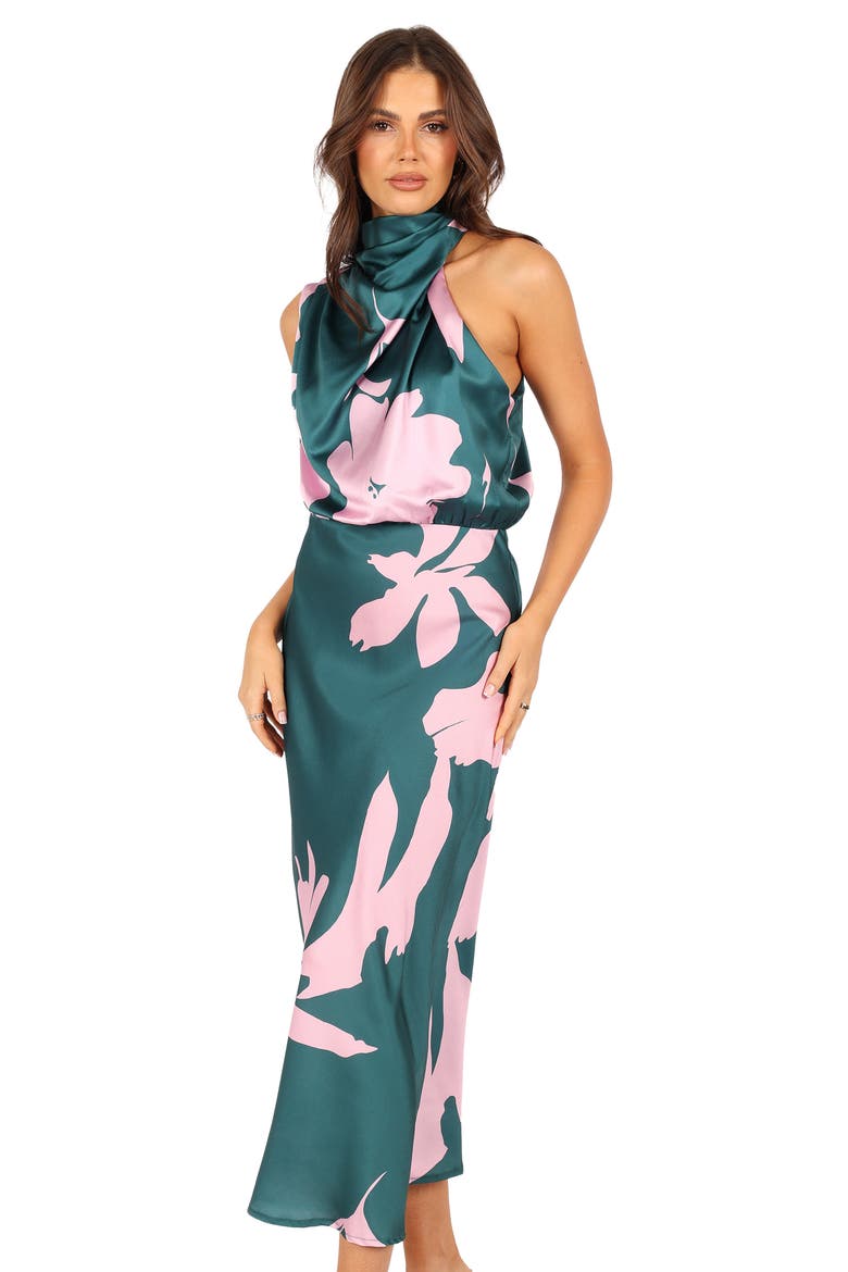 Anabelle Mock Neck Satin Midi Dress, Alternate, color, GREEN PINK