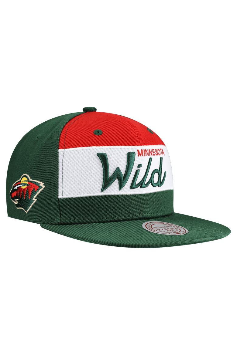 Men's Mitchell & Ness Green Minnesota Wild Retro Script Colorblock Snapback Hat, Main, color, Green
