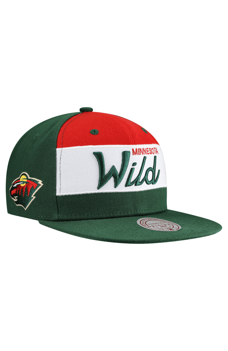 Mitchell 
Ness Men
s Mitchell 
Ness Green Minnesota Wild Retro Script Colorblock Snapback Hat, Main, color, Green